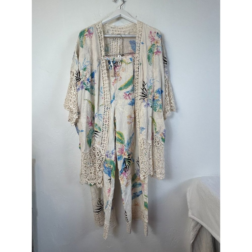Spiaggia Dolce Floral Lace Cardigan & Pants Set Large White Multi Boho Style